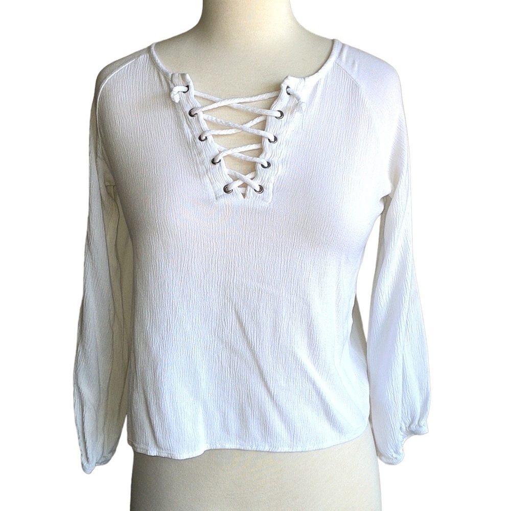 NABEE white v-neck with cross cross ties blouse with scrunch cuffs women’s small